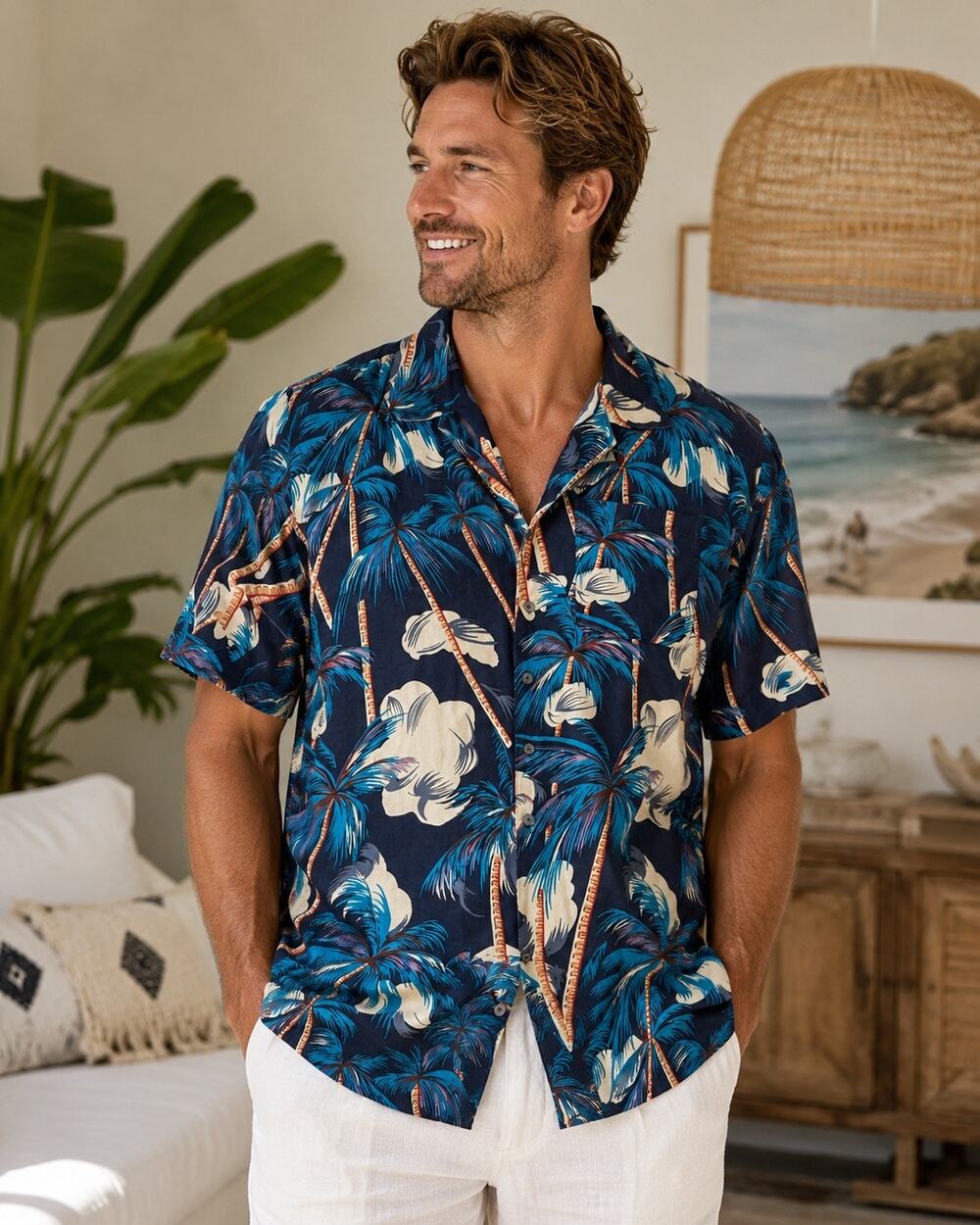 Vintage Summa Silk 100% Silk Hawaiian Camp Shirt XL Blue Palm Tree Tropical